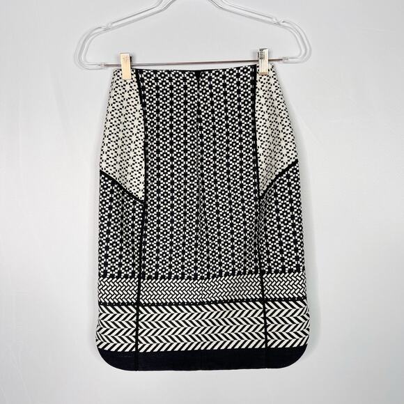 J Crew Size 00 Lux Paneled Black Cream Geometric Jacquard Pencil Skirt Cotton - Picture 2 of 13